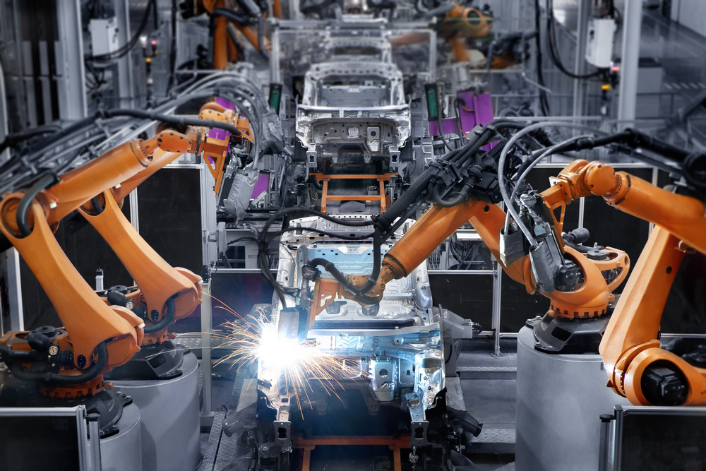 Automotive robots welding a car