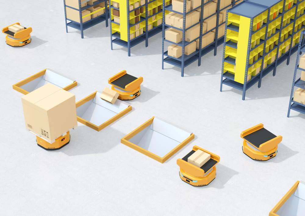 Autonomous Mobile Robots sorting packages in a warehouse