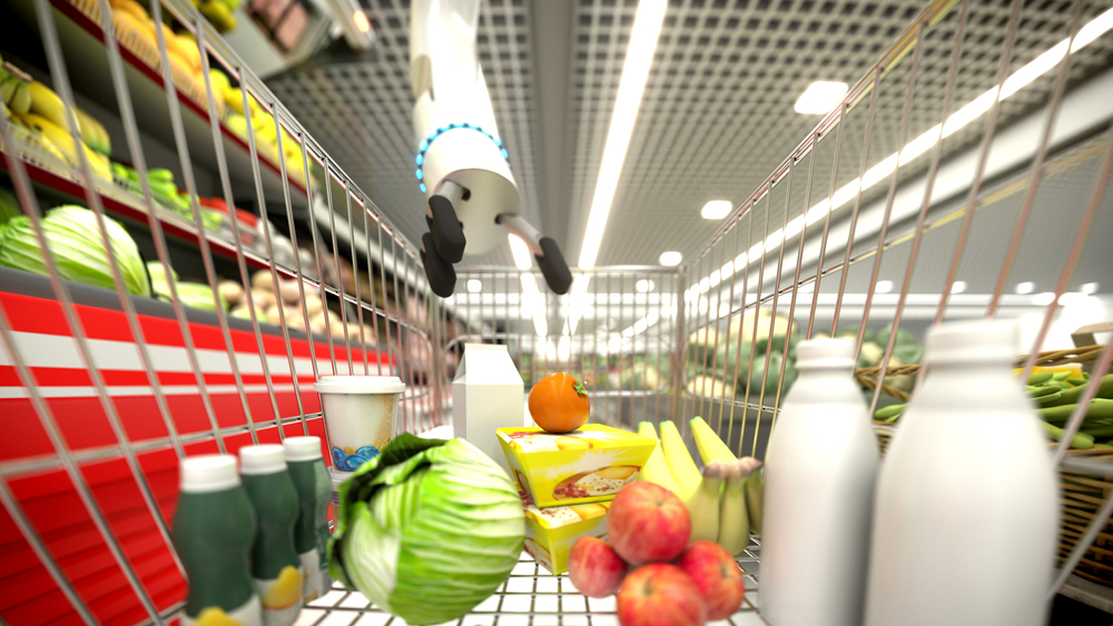 Grocery robot - a robot arm reaching into a shopping cart with fruits and vegetables