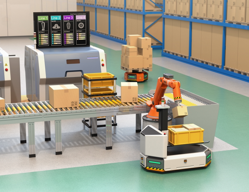 Robot putting package on conveyor in factory or warehouse