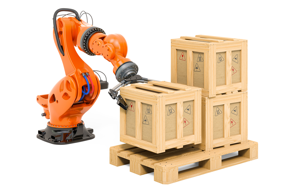 An articulated arm palletizing robot places a case onto a pallet