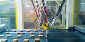 A delta style robot in a food and beverage manufacturing environment picks up a cookie from a conveyor using a suction gripper